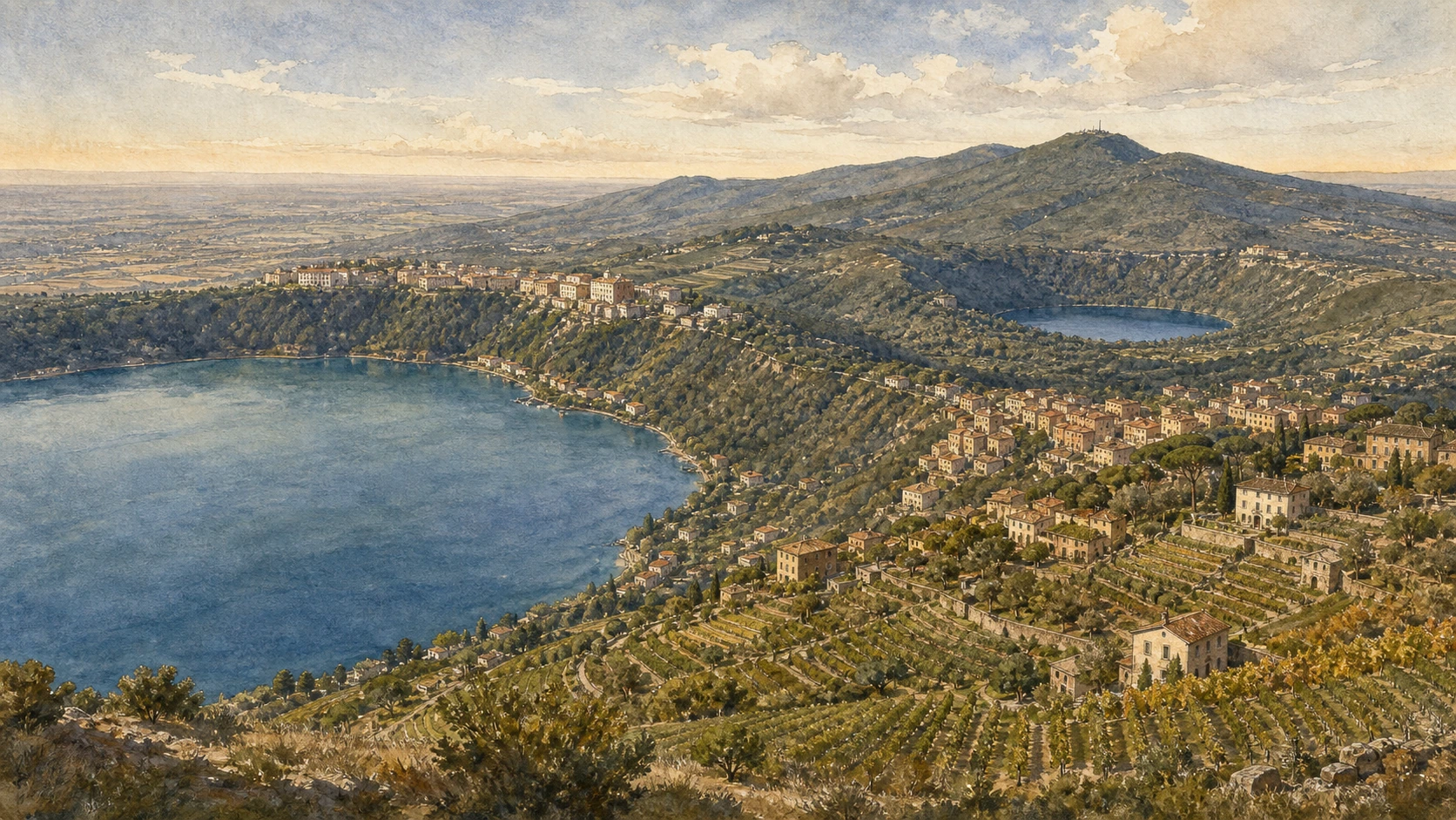Original documentary watercolour panorama of the Alban Hills joining Lake Albano and Castel Gandolfo, Lake Nemi, Frascati villas and the ridge of Monte Cavo