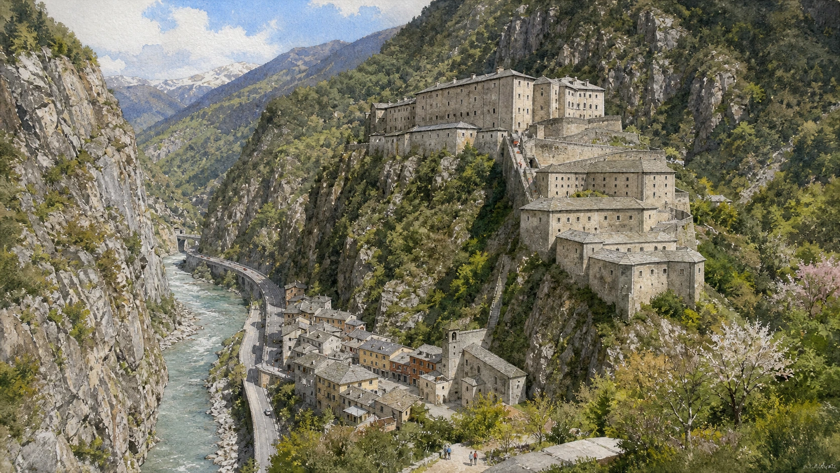 Documentary watercolour of Bard fortress rising in three defensive levels above the village, Dora Baltea, railway and narrow Alpine gorge