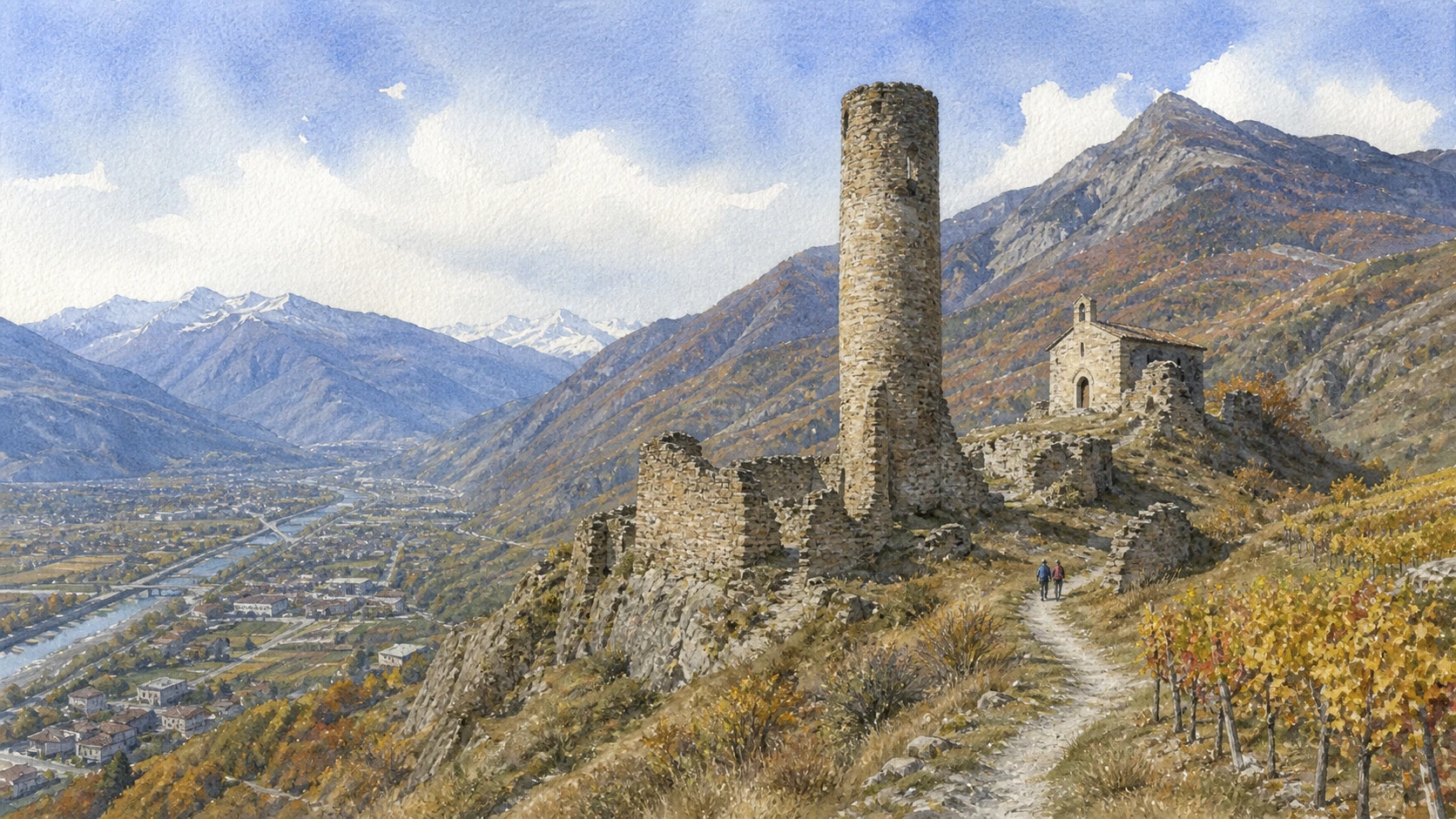 Documentary watercolour of the ruined enclosure and circular tower of Châtel-Argent above Villeneuve and the Dora Baltea valley