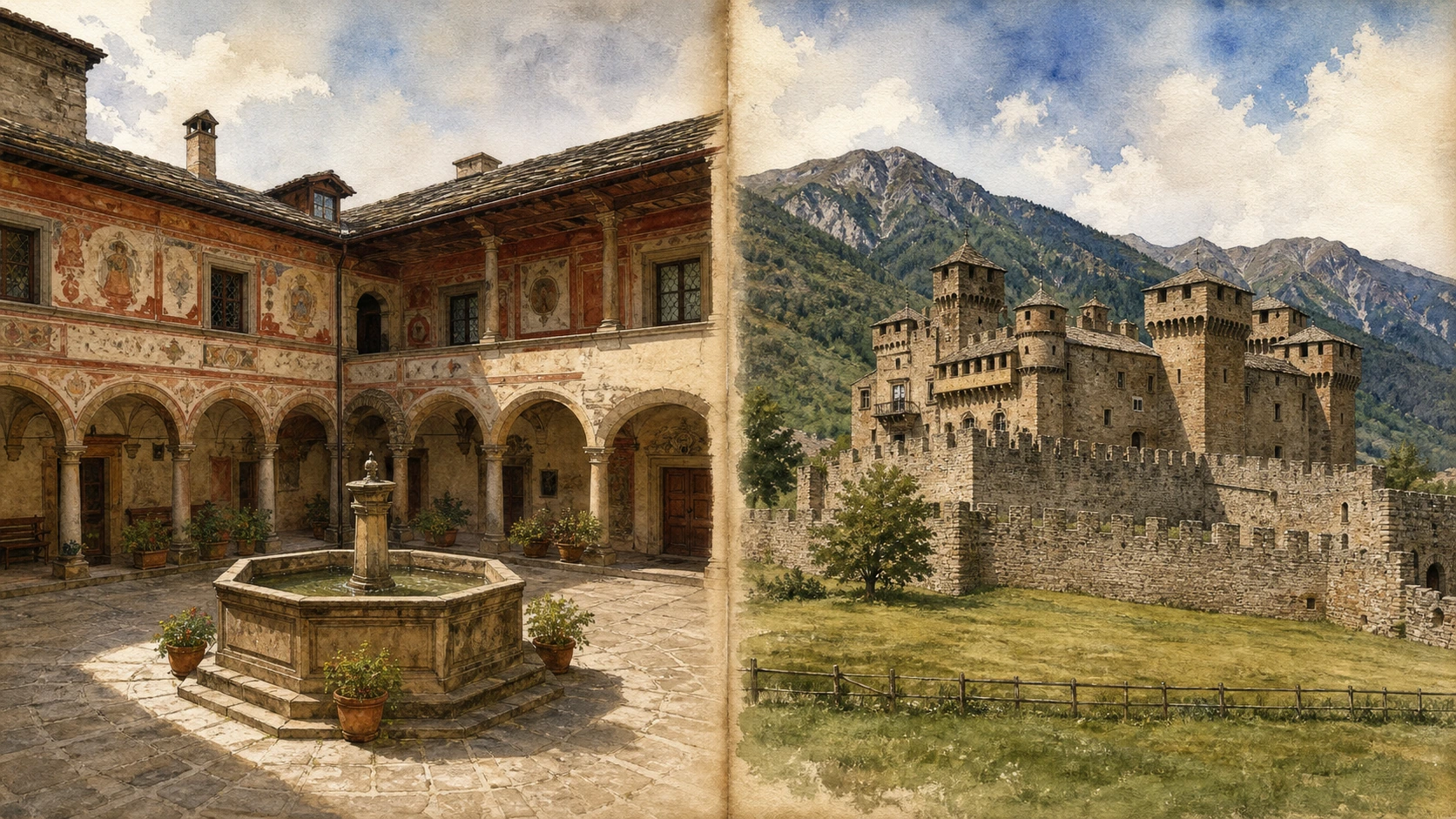 Documentary watercolour diptych contrasting Issogne painted courtyard with the pomegranate fountain and the towered exterior of Fénis castle