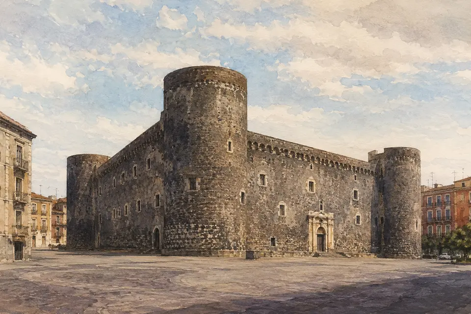 Watercolour view of the dark lava-stone walls and round towers of Castello Ursino