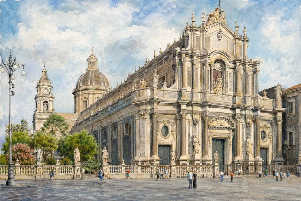 Watercolour view of the baroque Cathedral of Sant'Agata in Catania