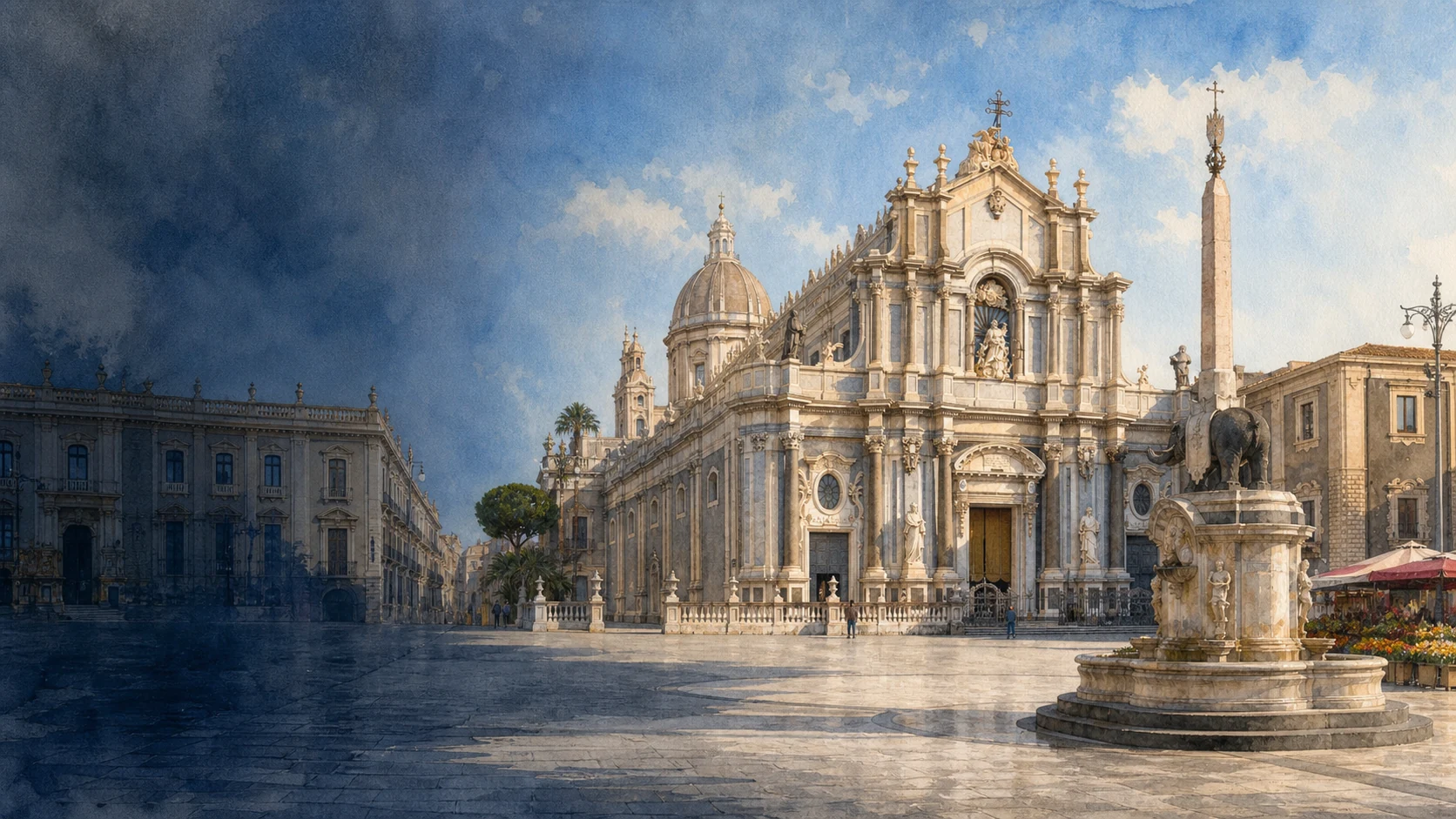 Documentary watercolour of Piazza Duomo in Catania with the Elephant Fountain, the Cathedral of Sant'Agata, black lava stone and warm limestone at early morning