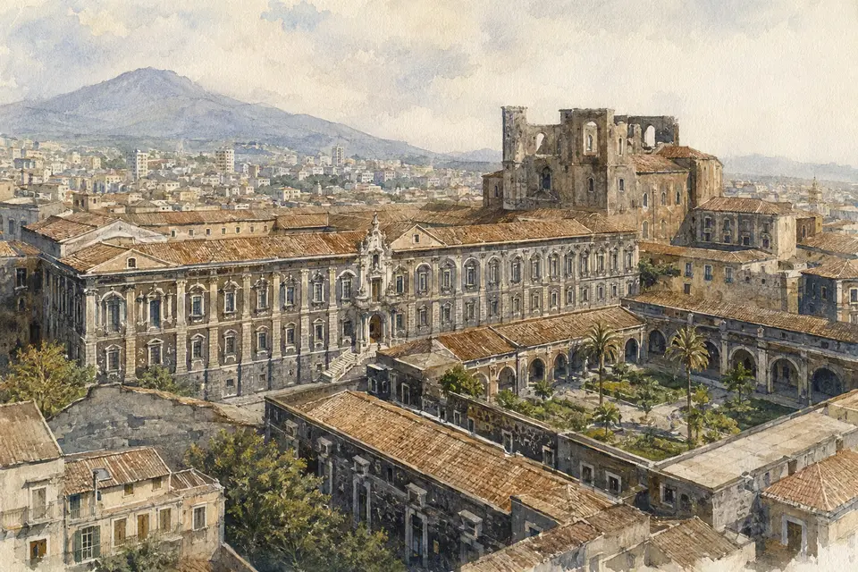 Watercolour panorama of the Benedictine Monastery of San Nicolò l'Arena and its cloisters