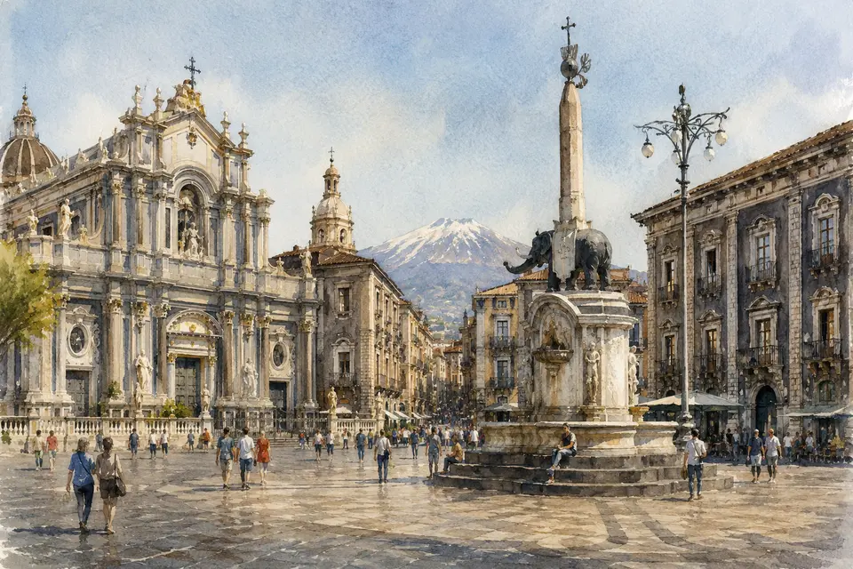 Watercolour view of Piazza del Duomo, the Elephant Fountain and the axis toward Via Etnea