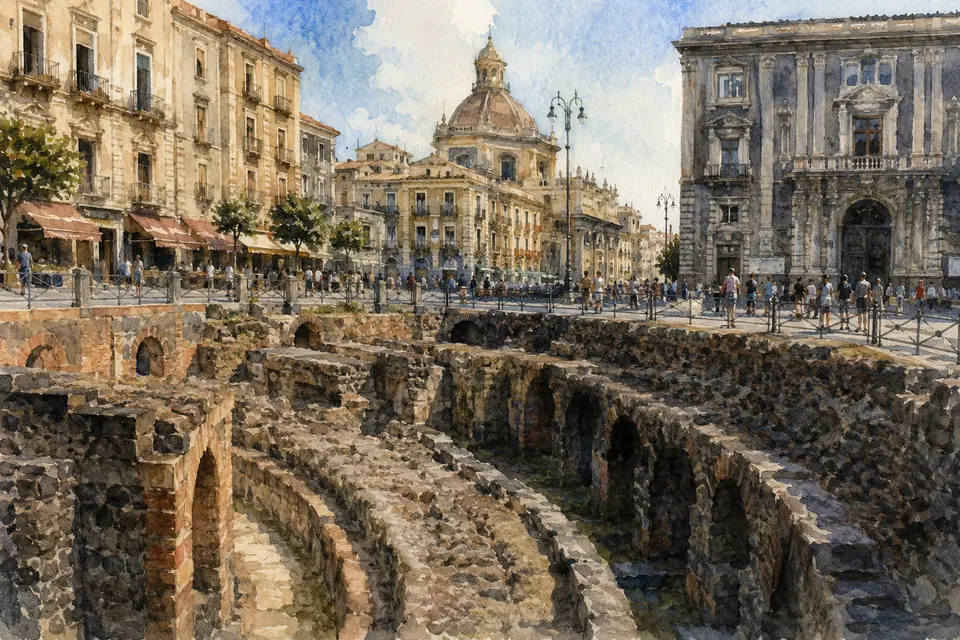 Watercolour view of the surviving Roman Amphitheatre below Piazza Stesicoro