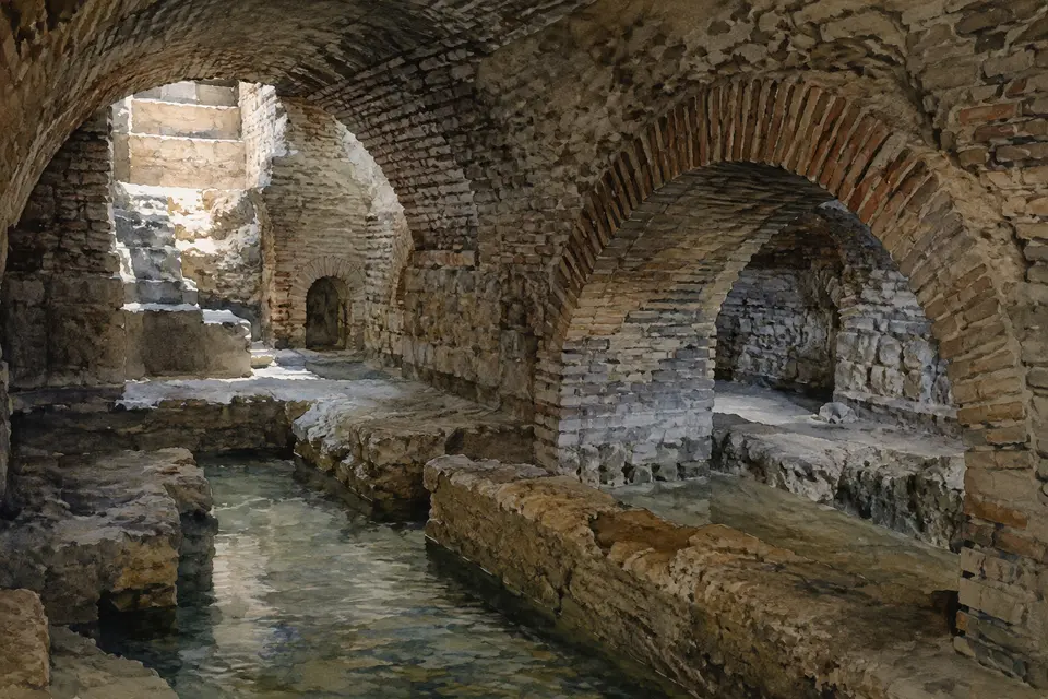 Watercolour view of the vaulted Roman baths beneath central Catania