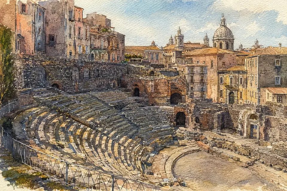 Watercolour view of Catania's Roman Theatre and Odeon within the historic city