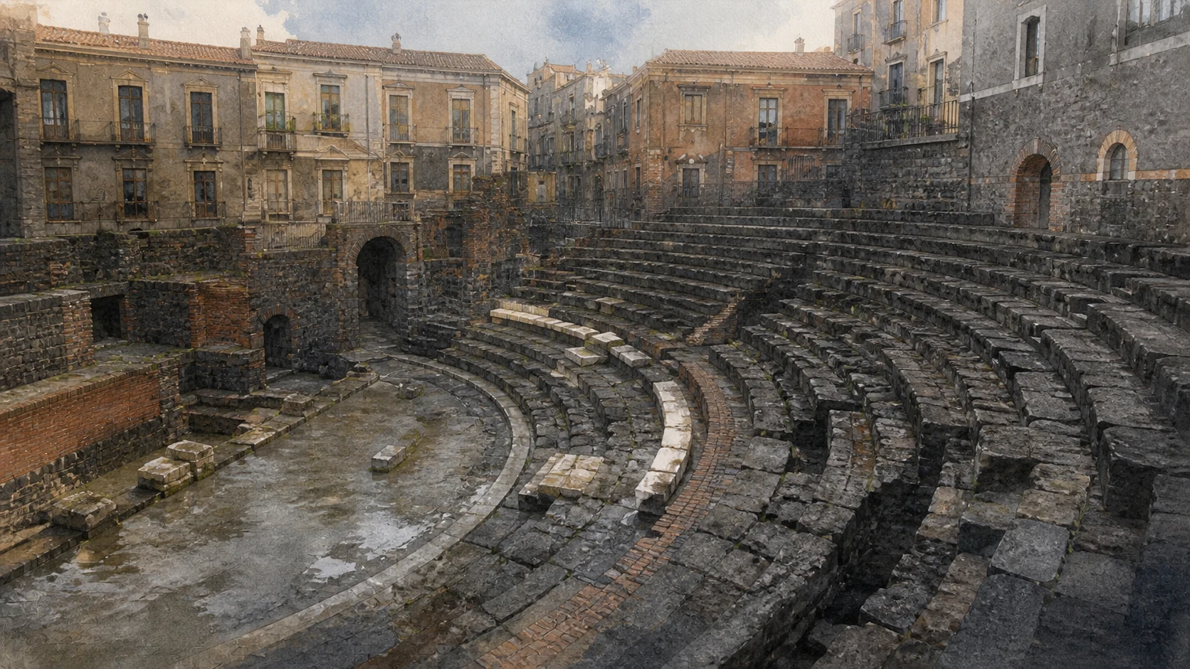 Documentary watercolour of Catania's Roman theatre with dark lava-stone seating, brick structures and houses enclosing the archaeological site