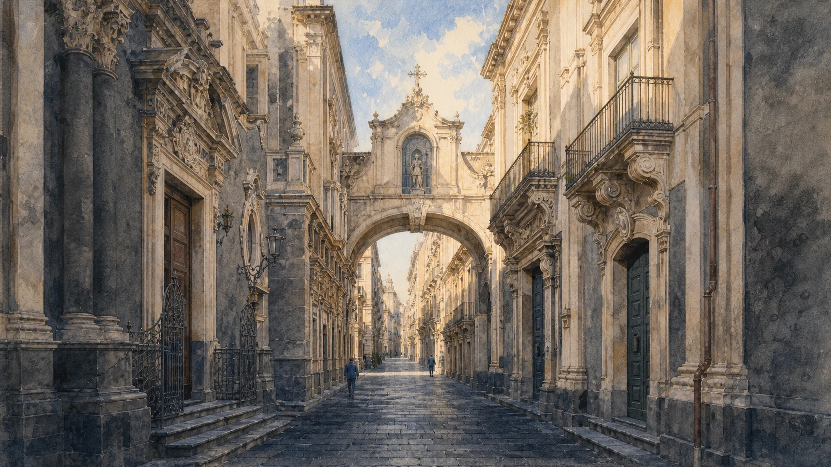Documentary watercolour of Via Crociferi in Catania with the arch of San Benedetto, Baroque façades and black lava-stone paving