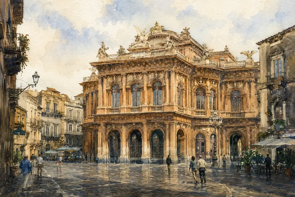 Watercolour view of the Teatro Massimo Bellini and its urban square in Catania
