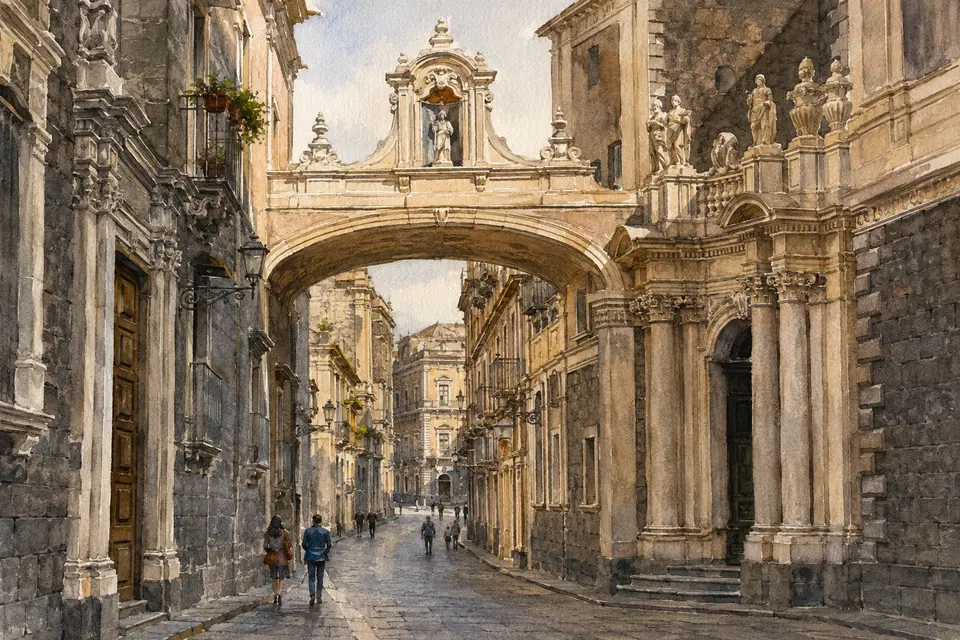 Watercolour view along Via Crociferi beneath the Arch of San Benedetto