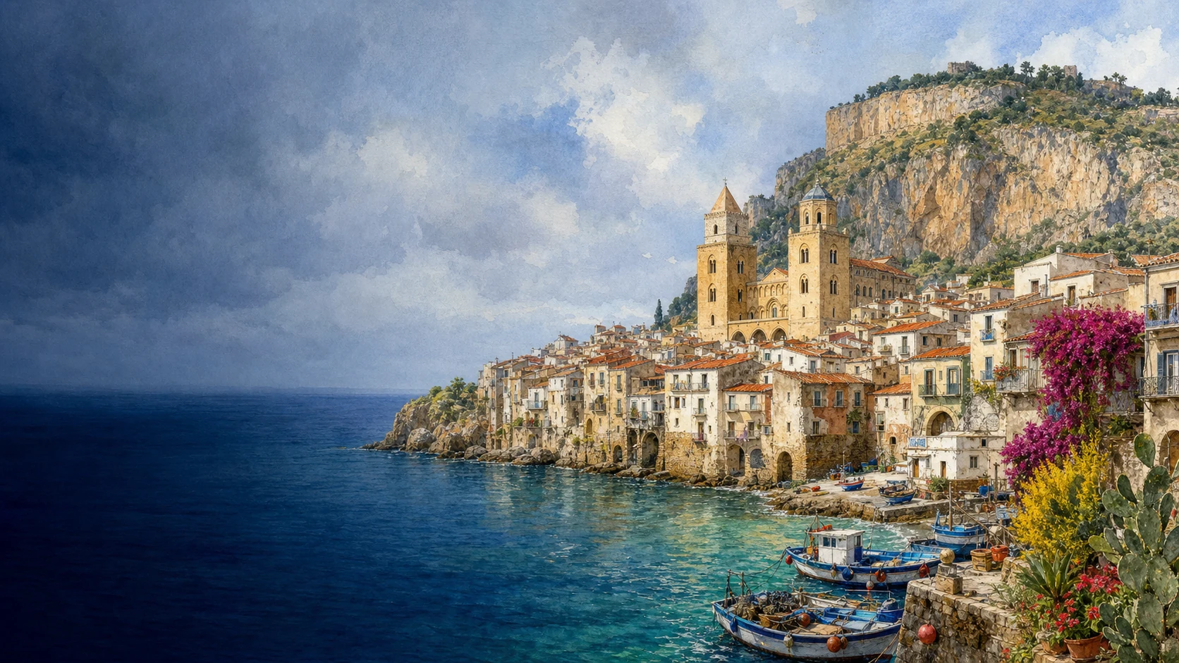 Documentary spring watercolour of Cefalù with its real Norman cathedral, compact seaside town, limestone Rocca, old harbour and Tyrrhenian coast
