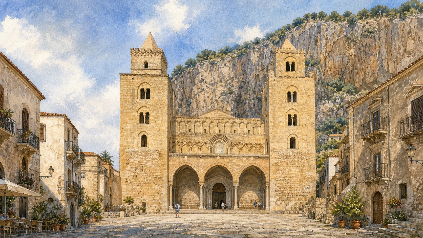 Documentary watercolour of Cefalu Cathedral's pale stone western facade in Piazza Duomo with its two heavy square towers, different upper crowns and the Rocca behind