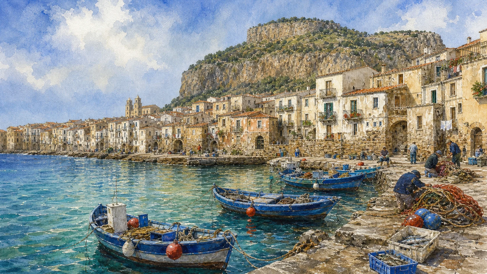 Documentary watercolour of Cefalu's old harbour with small blue fishing boats, nets, a low stone pier, dense lived houses and the limestone Rocca above