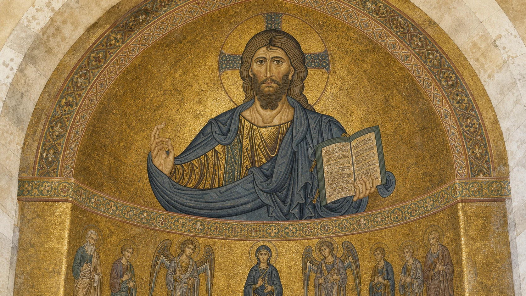Documentary watercolour of Cefalu Cathedral's apse mosaic with the frontal Christ Pantocrator on gold, blessing hand, book and smaller ordered figures below