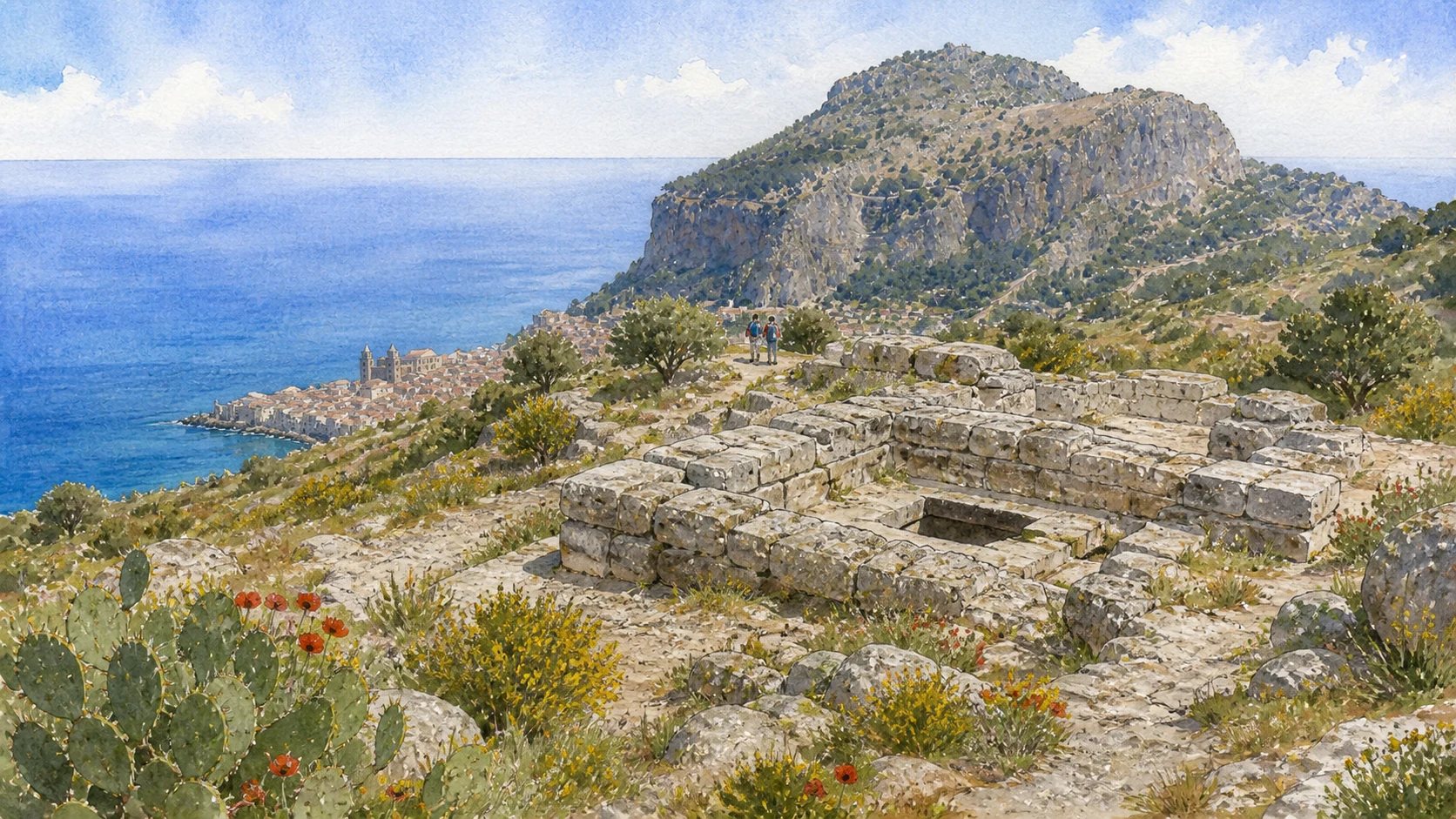 Documentary watercolour of the so-called Temple of Diana as low megalithic limestone walls and a cistern within the spring landscape of Cefalu's Rocca