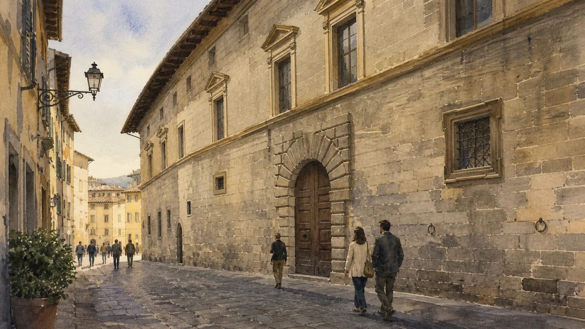Original documentary watercolour showing Palazzo Albizzini — Burri Collection in its Citta di Castello urban or landscape context