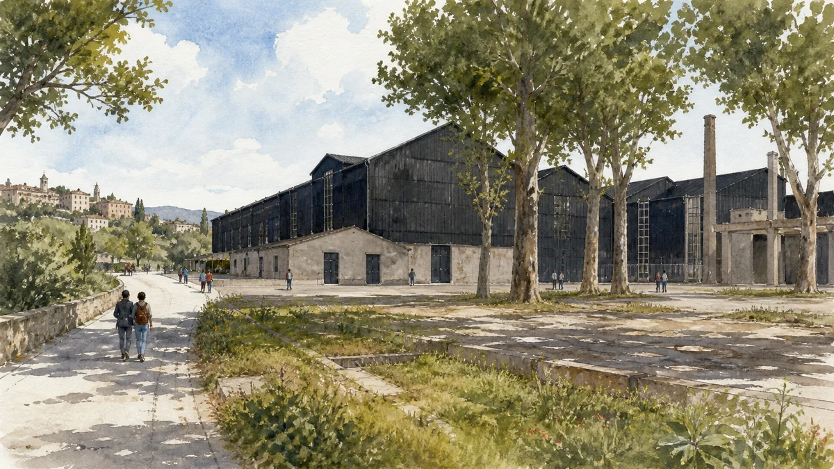 Original documentary watercolour showing Ex Seccatoi del Tabacco — Burri Collection in its Citta di Castello urban or landscape context
