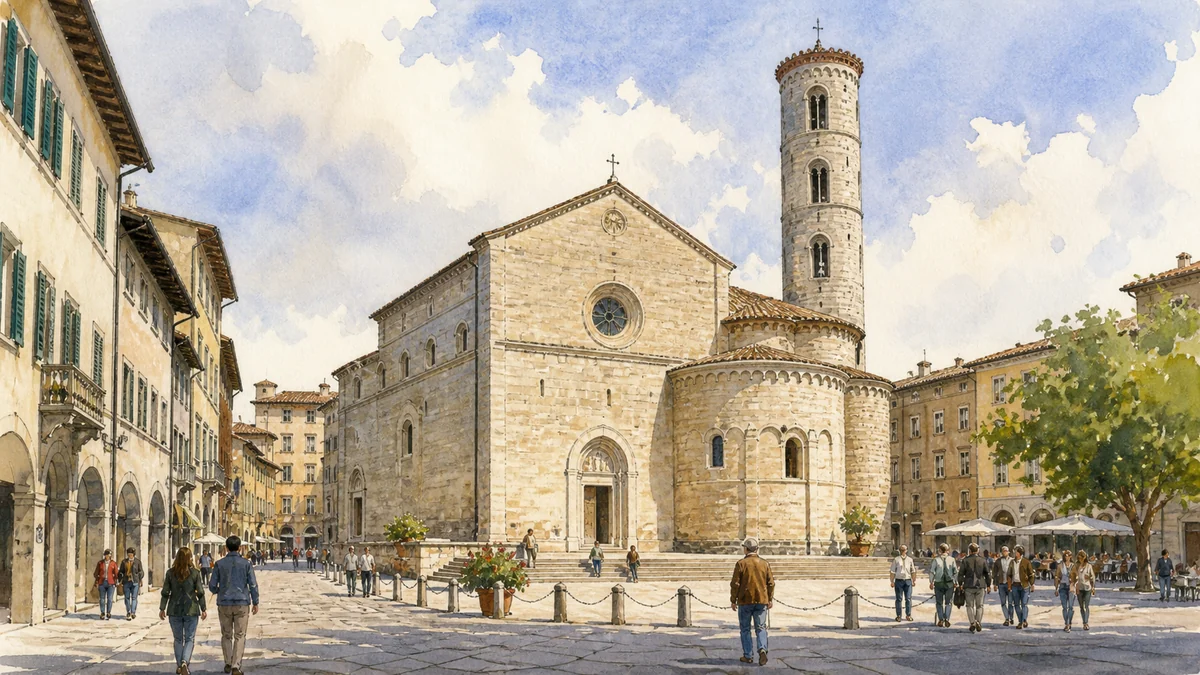 Original documentary watercolour showing Cathedral of Saints Floridus and Amanzio in its Citta di Castello urban or landscape context