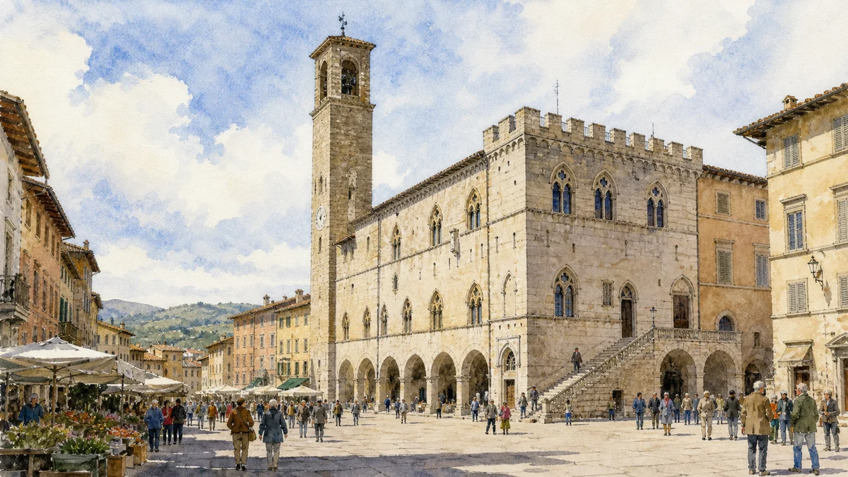 Original documentary watercolour showing Palazzo dei Priori and Civic Tower in its Citta di Castello urban or landscape context