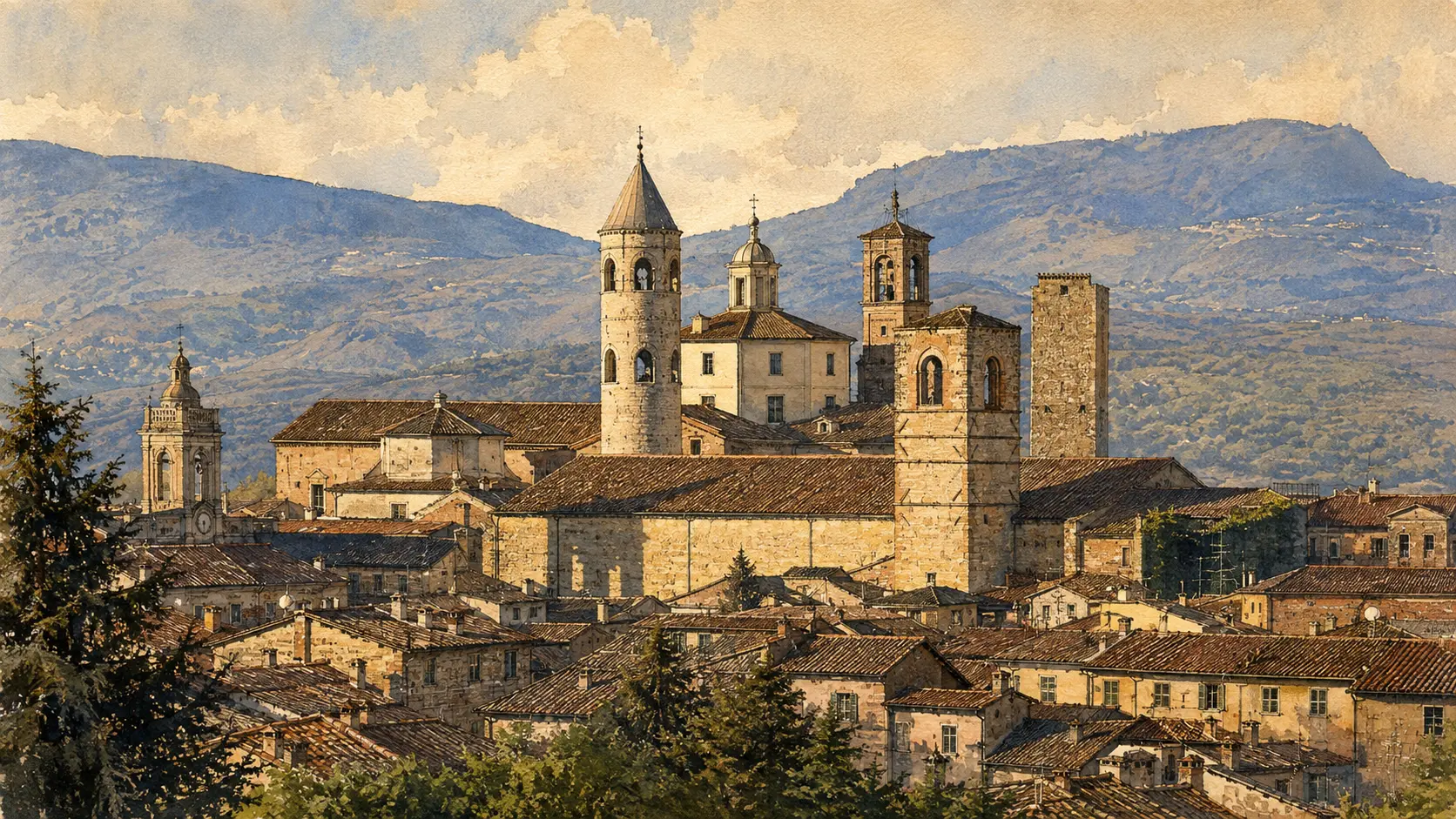 Documentary watercolour panorama of Città di Castello with its cathedral tower and historic centre