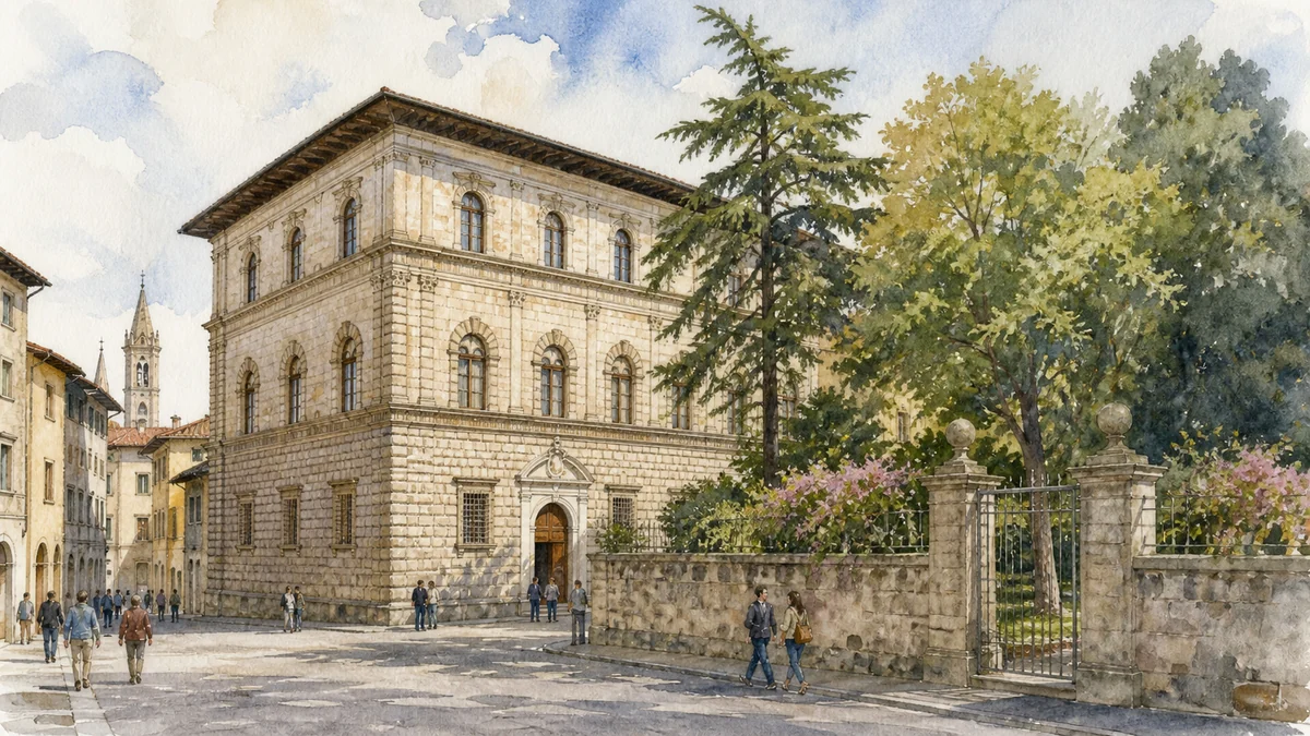 Original documentary watercolour showing Palazzo Vitelli alla Cannoniera and Civic Art Gallery in its Citta di Castello urban or landscape context