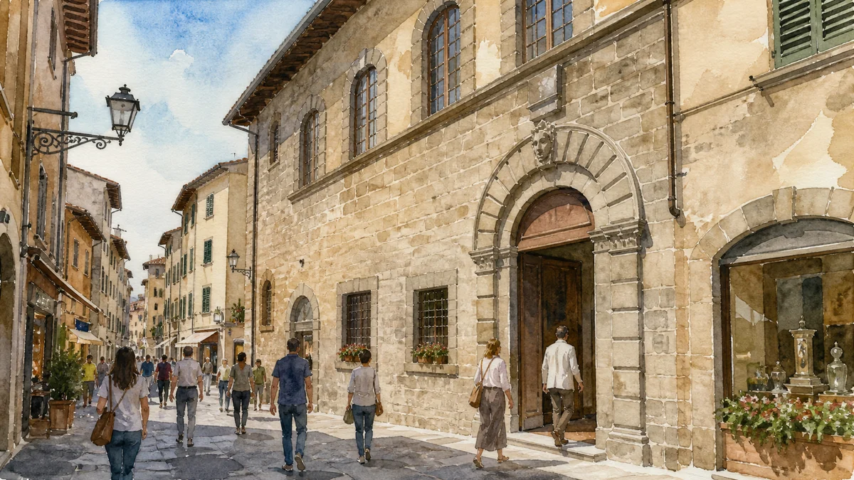 Original documentary watercolour showing Grifani Donati Printing Museum in its Citta di Castello urban or landscape context