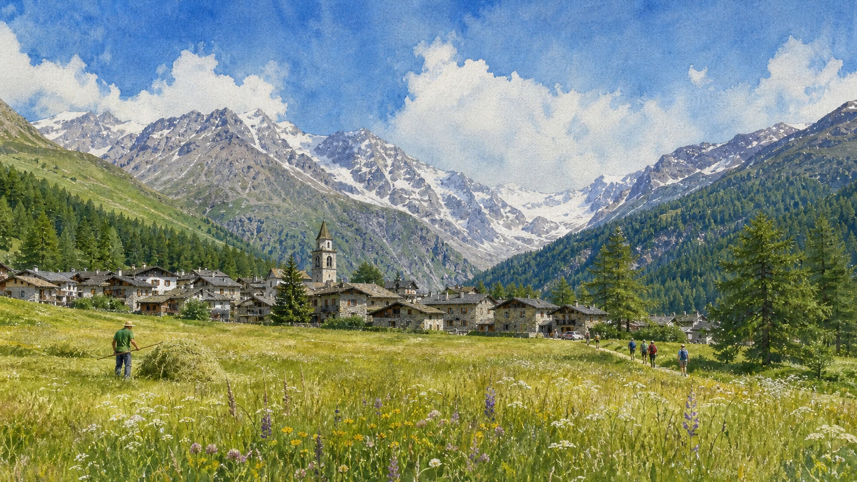 Cogne meadow and Gran Paradiso mountains