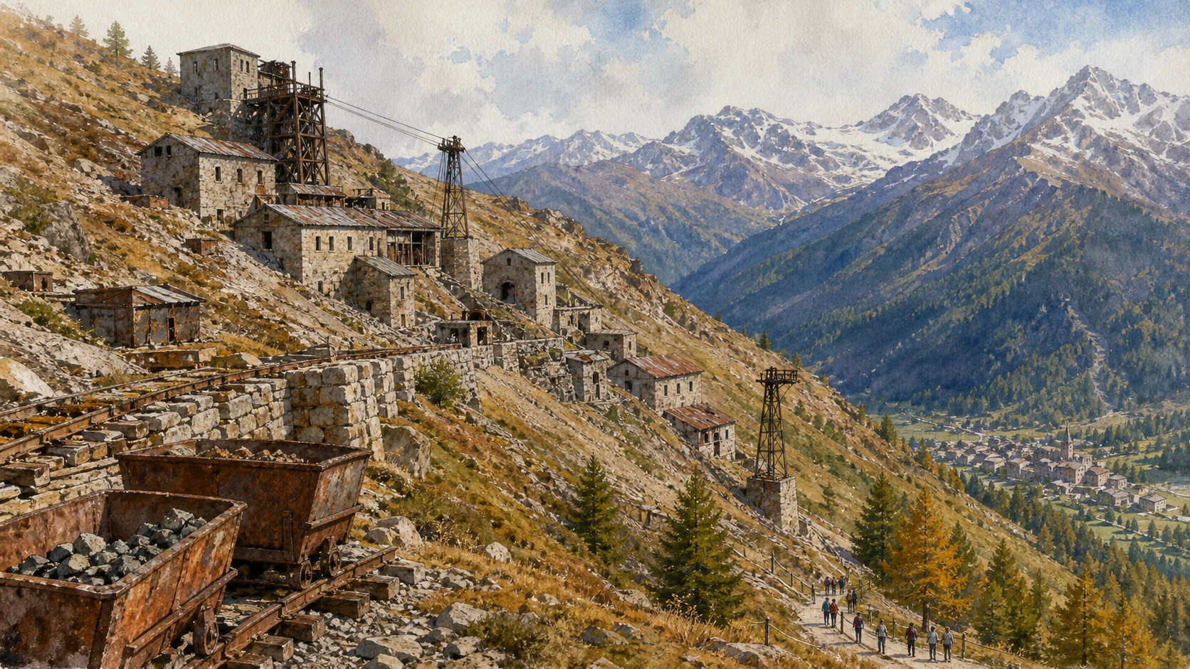 Documentary watercolour of the historic Cogne iron-mining landscape with Colonna buildings, cable supports and the village basin below
