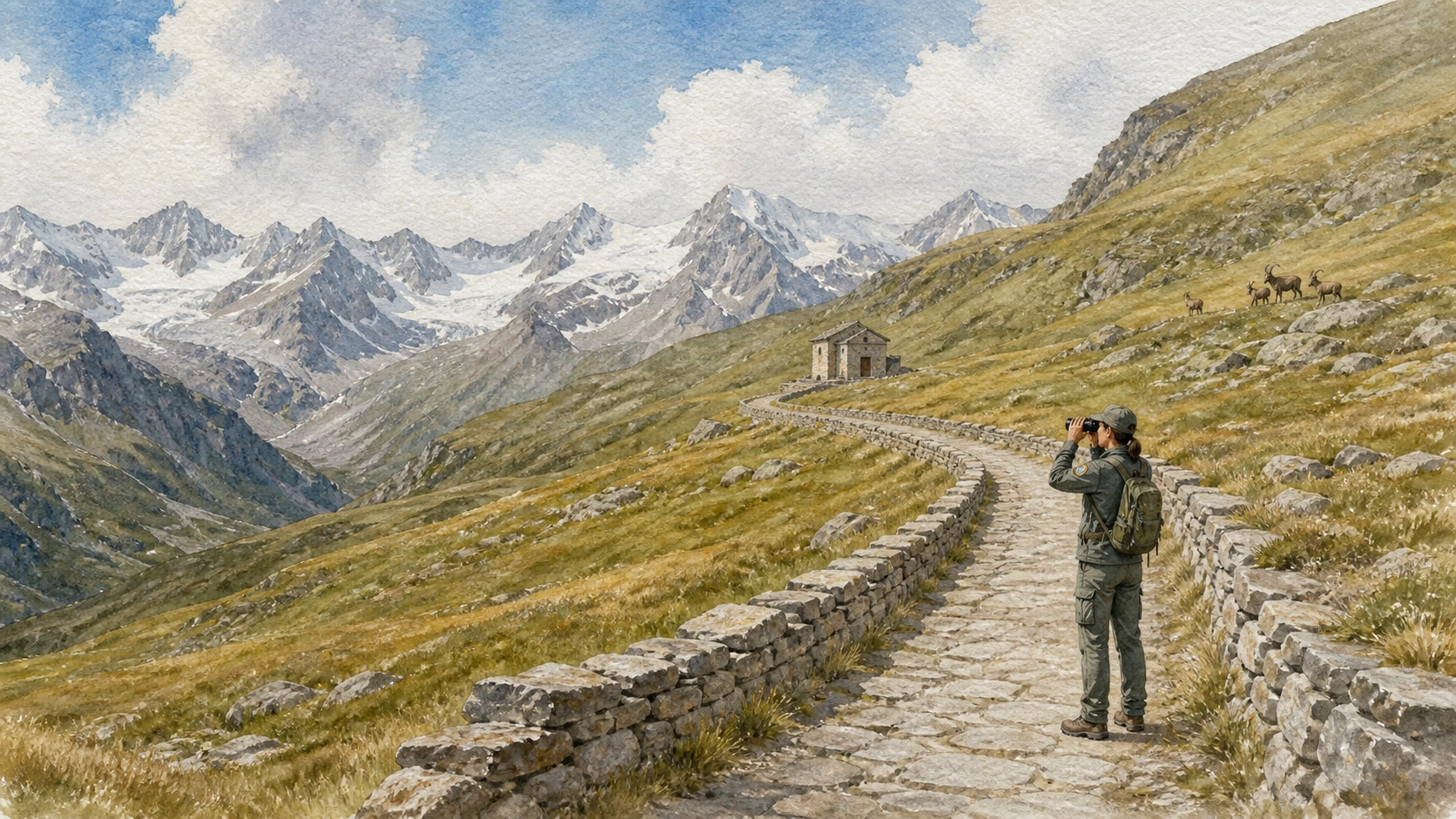 Documentary watercolour of a Gran Paradiso royal mule track across high pasture with distant ibex and a park ranger
