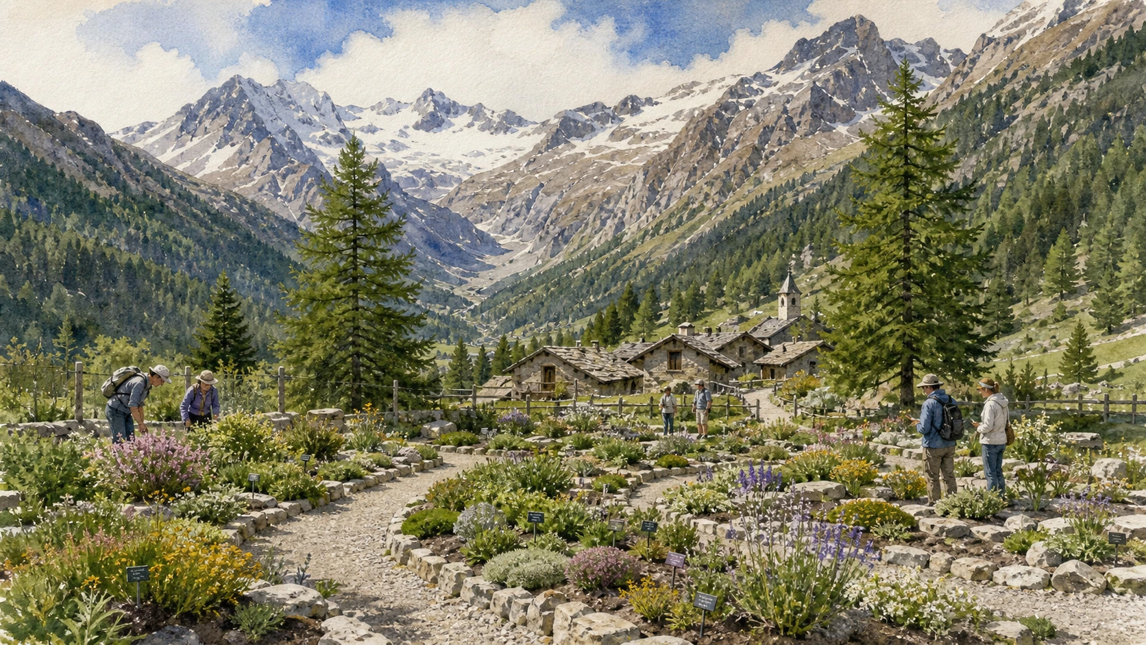 Documentary watercolour of Paradisia Alpine Botanical Garden at Valnontey with labeled plant beds, larch trees and Gran Paradiso peaks