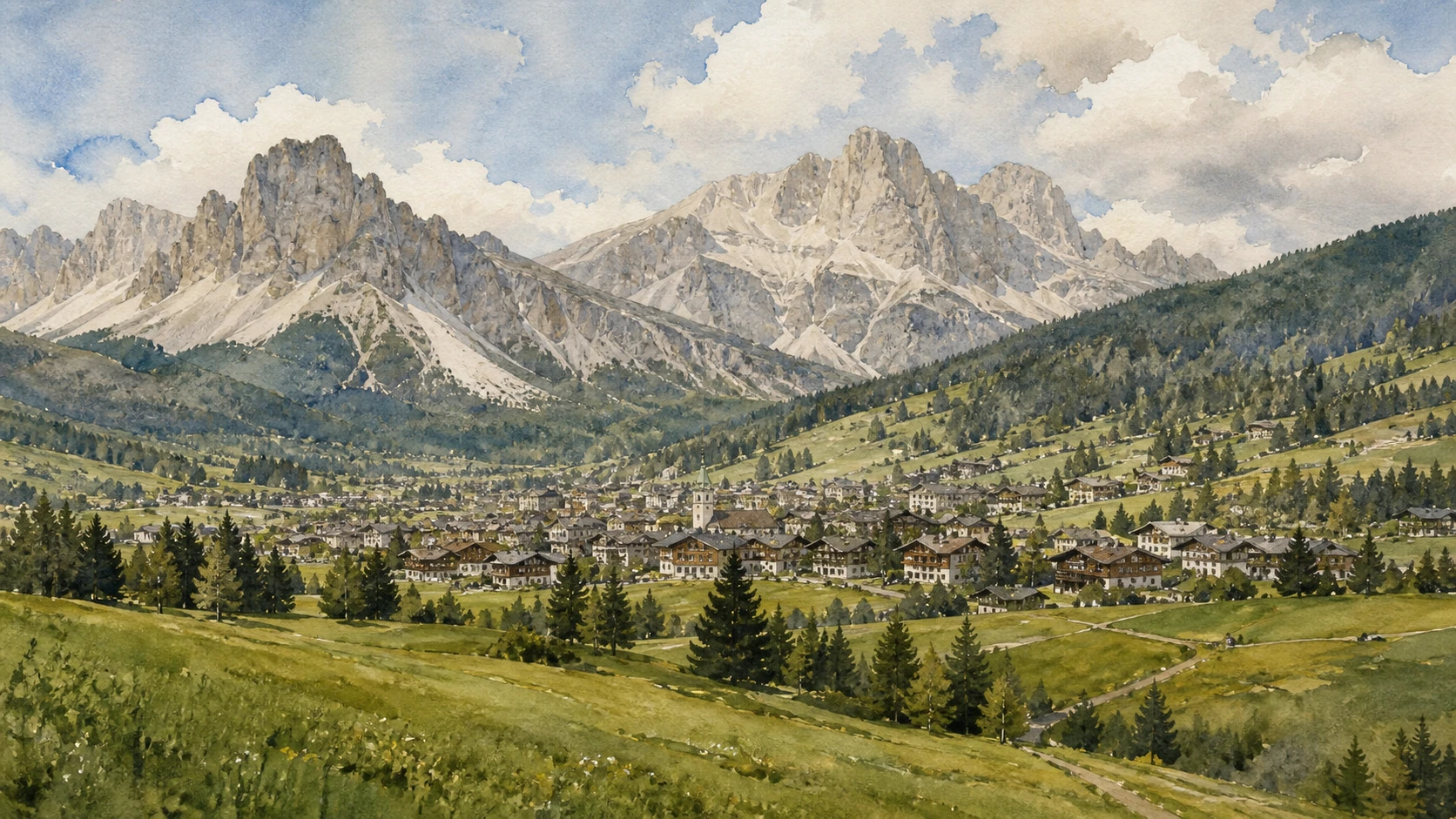 Original documentary watercolour panorama of Cortina d'Ampezzo beneath Tofane, Cinque Torri and pale Dolomite peaks
