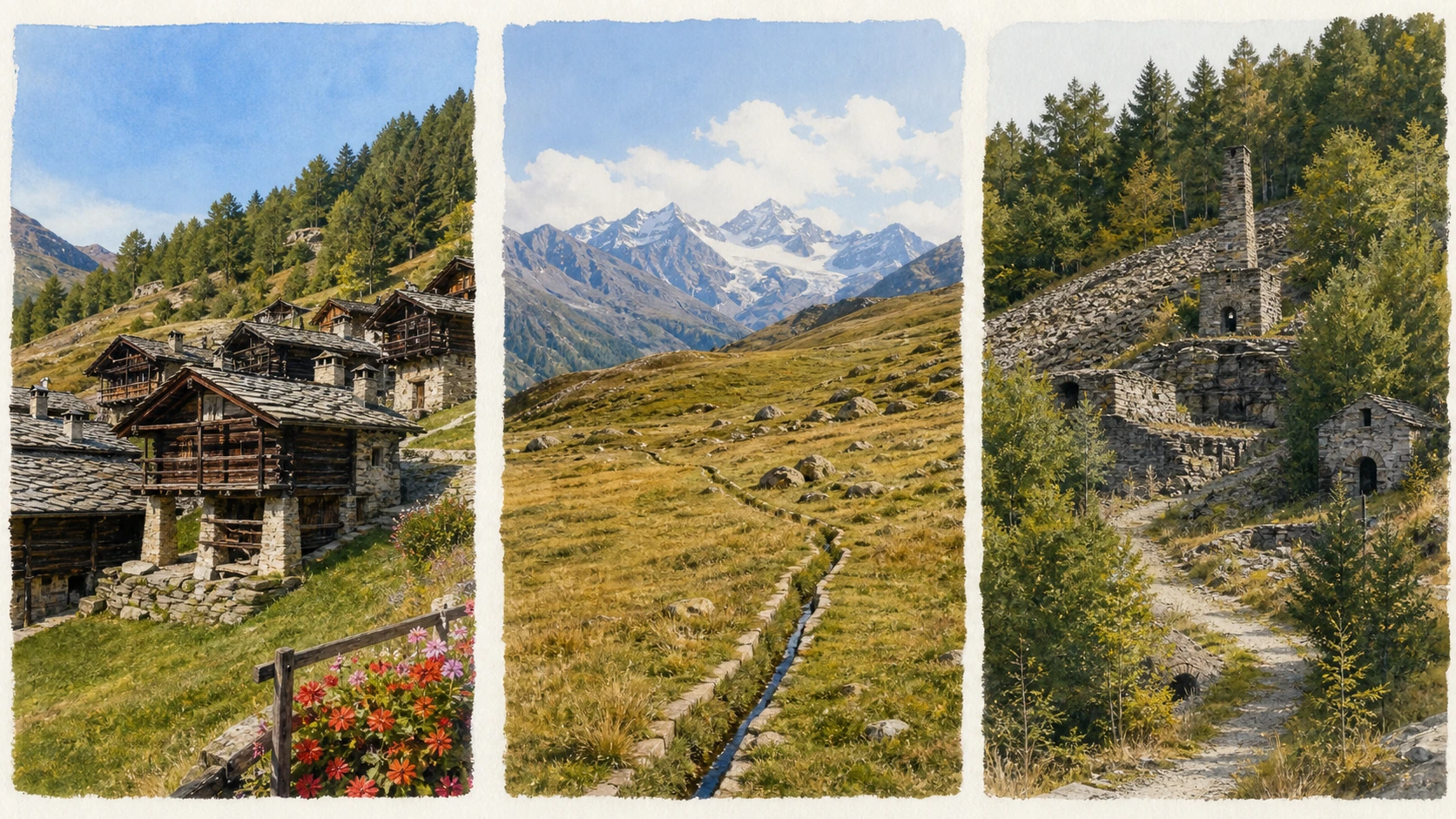 Editorial documentary watercolour triptych of Antagnod village, Val d’Ayas pasture and historic Brusson mine structures