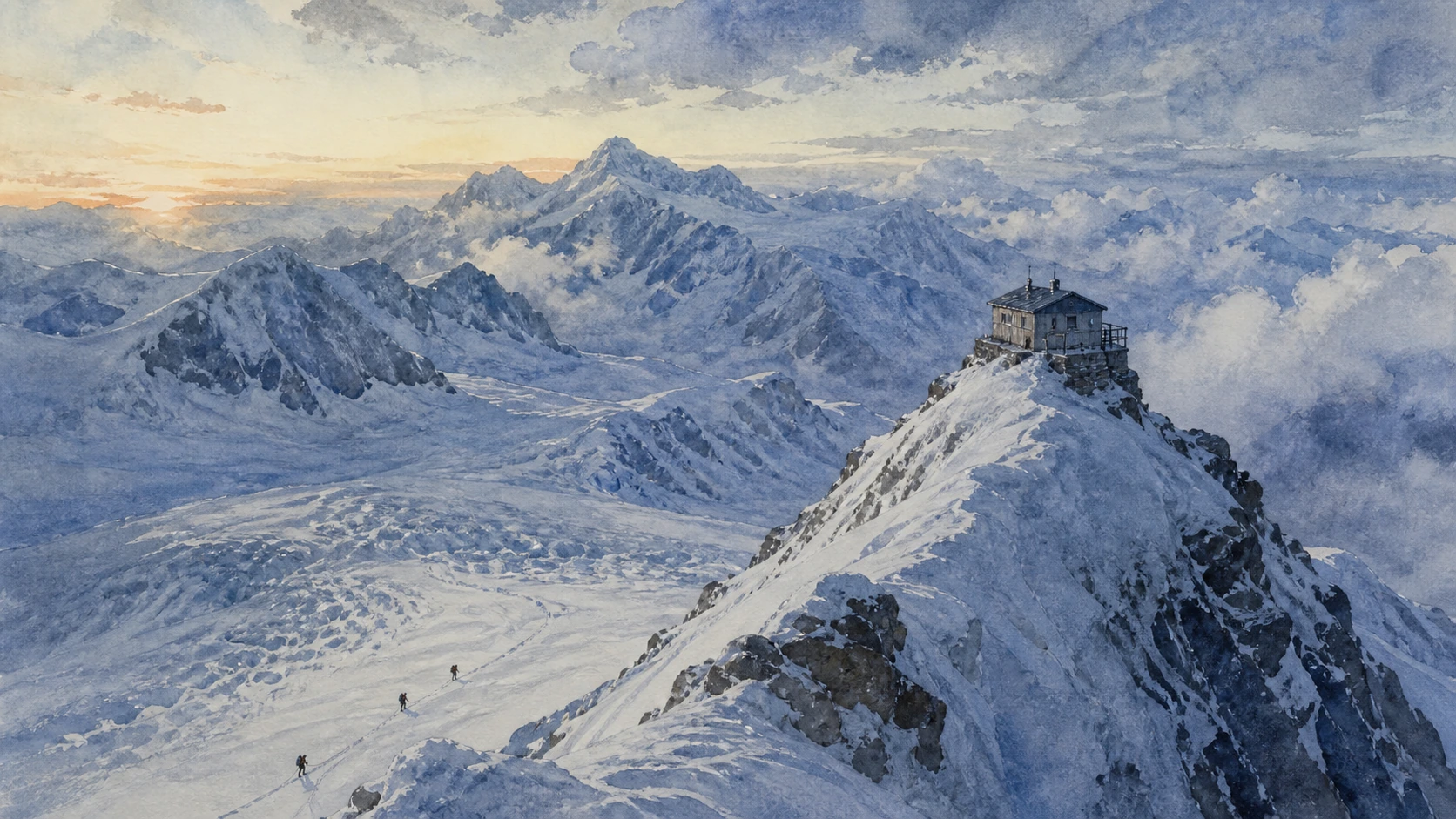 Documentary watercolour of the Margherita Hut on Punta Gnifetti above the glaciers of Monte Rosa with a distant roped mountaineering team