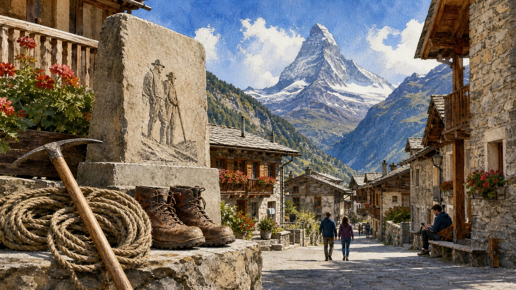 Documentary watercolour of Valtournenche village, guide memorial and early mountaineering equipment beneath the Matterhorn