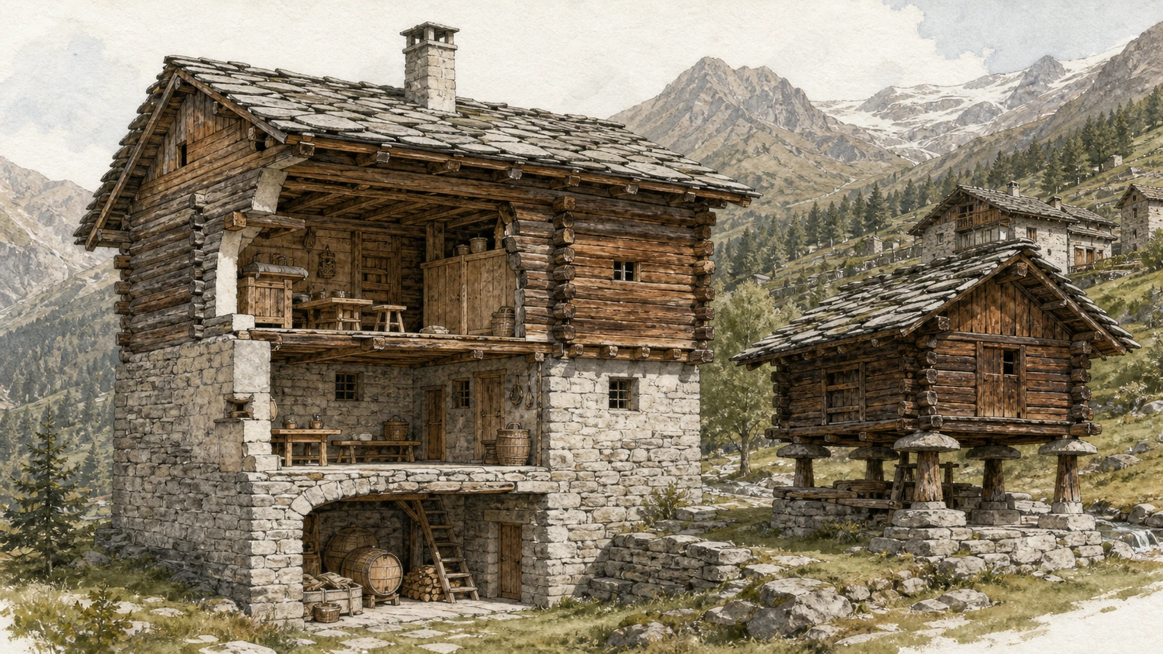 Documentary watercolour cutaway of a traditional Walser house and raised granary in Gressoney with domestic objects and mountain hamlet beyond