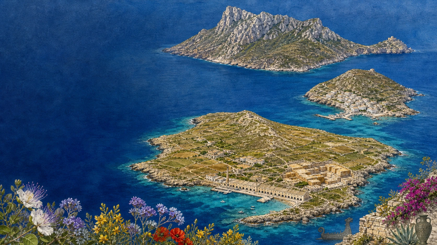 Documentary watercolour atlas of the Egadi Islands with Favignana's Florio tuna works and quarries, Levanzo's white harbour, mountainous Marettimo and protected Mediterranean sea