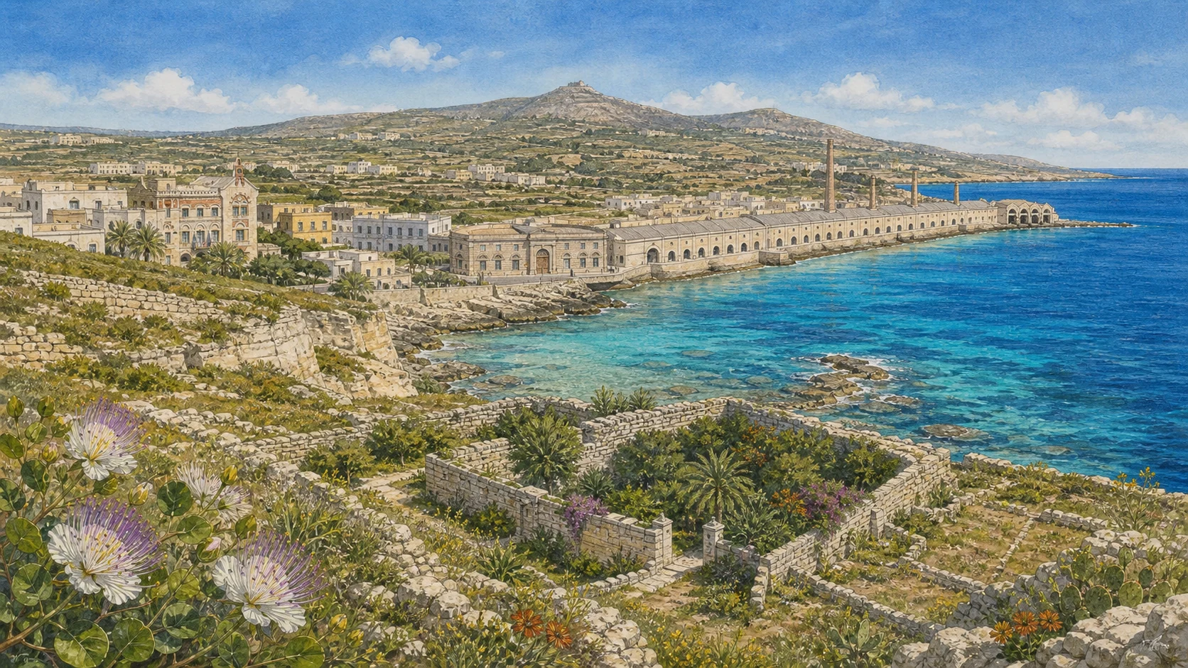 Documentary watercolour of Favignana with the former Florio tuna works, Palazzo Florio, Monte Santa Caterina, quarries and a sunken garden