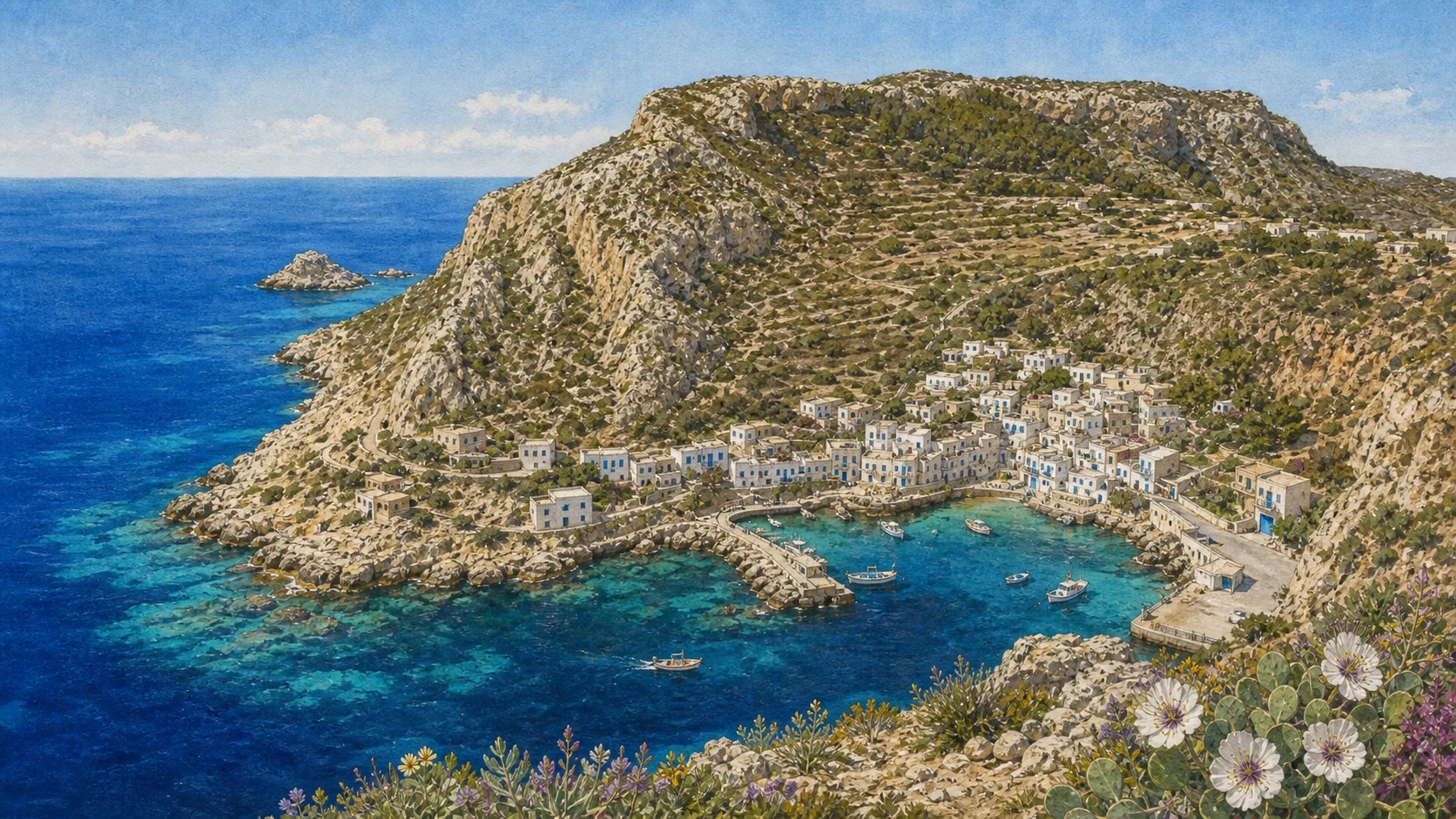 Documentary watercolour of Cala Dogana on Levanzo with its small harbour, white village and steep broken plateau