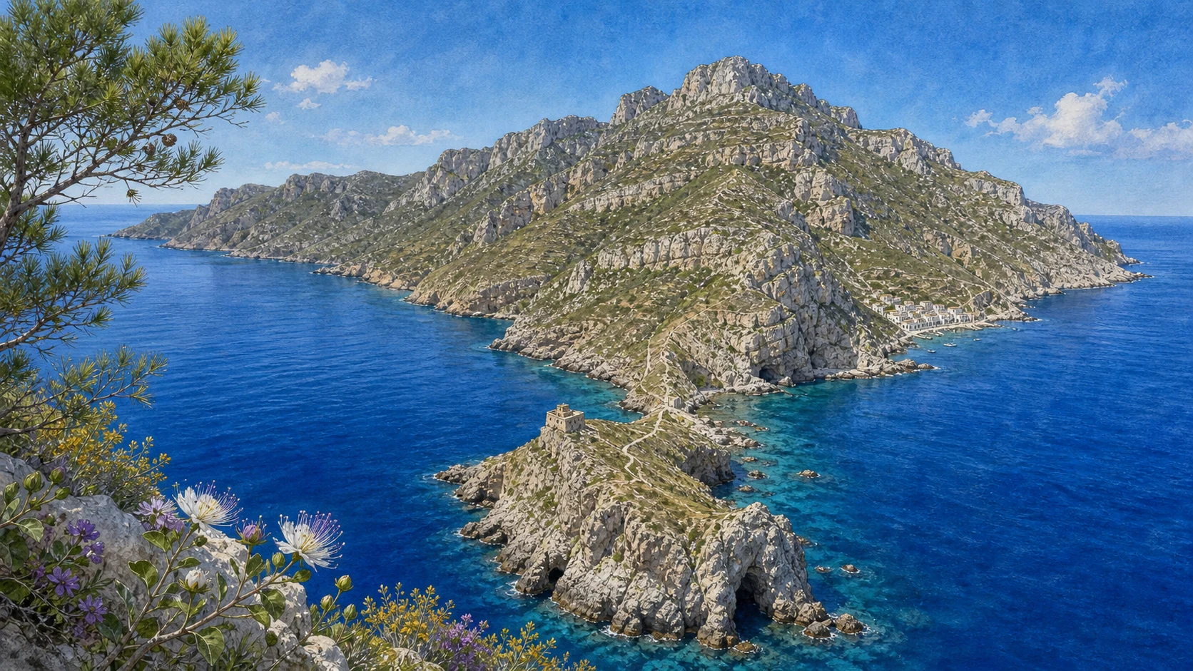 Documentary watercolour of mountainous Marettimo with the small Punta Troia fortress, coastal paths, caves and a distant village