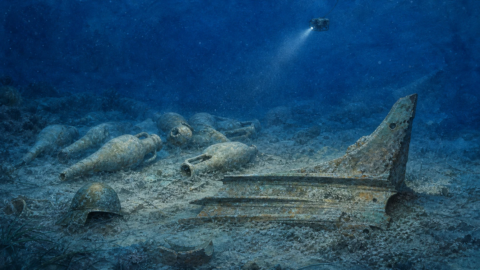 Documentary watercolour of an Egadi seabed with a bronze naval ram, amphorae, a helmet and a small research ROV light