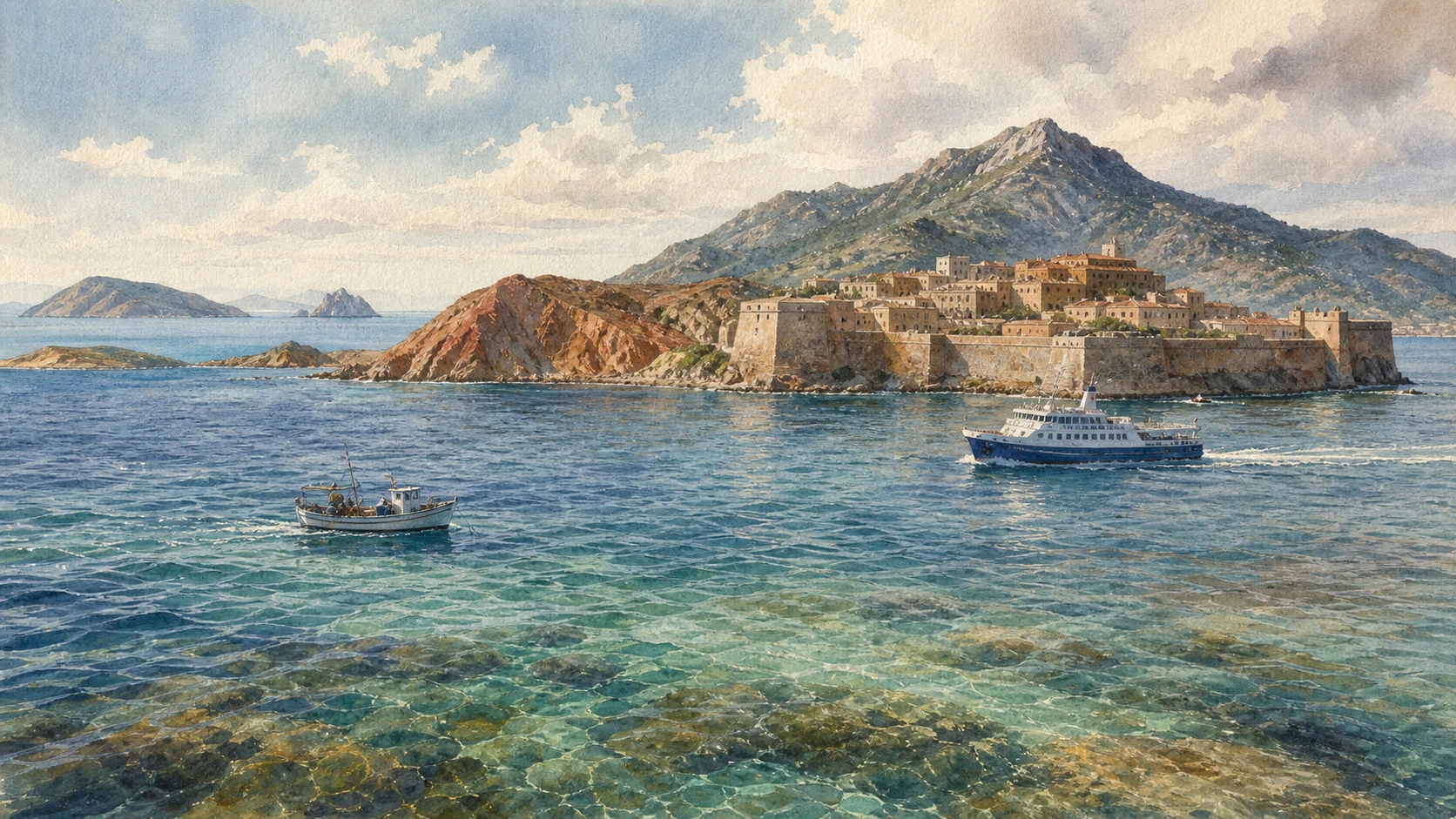 Original documentary watercolour of fortified Portoferraio, Monte Capanne, iron-red coast, clear sea, ferry and distant Tuscan islands