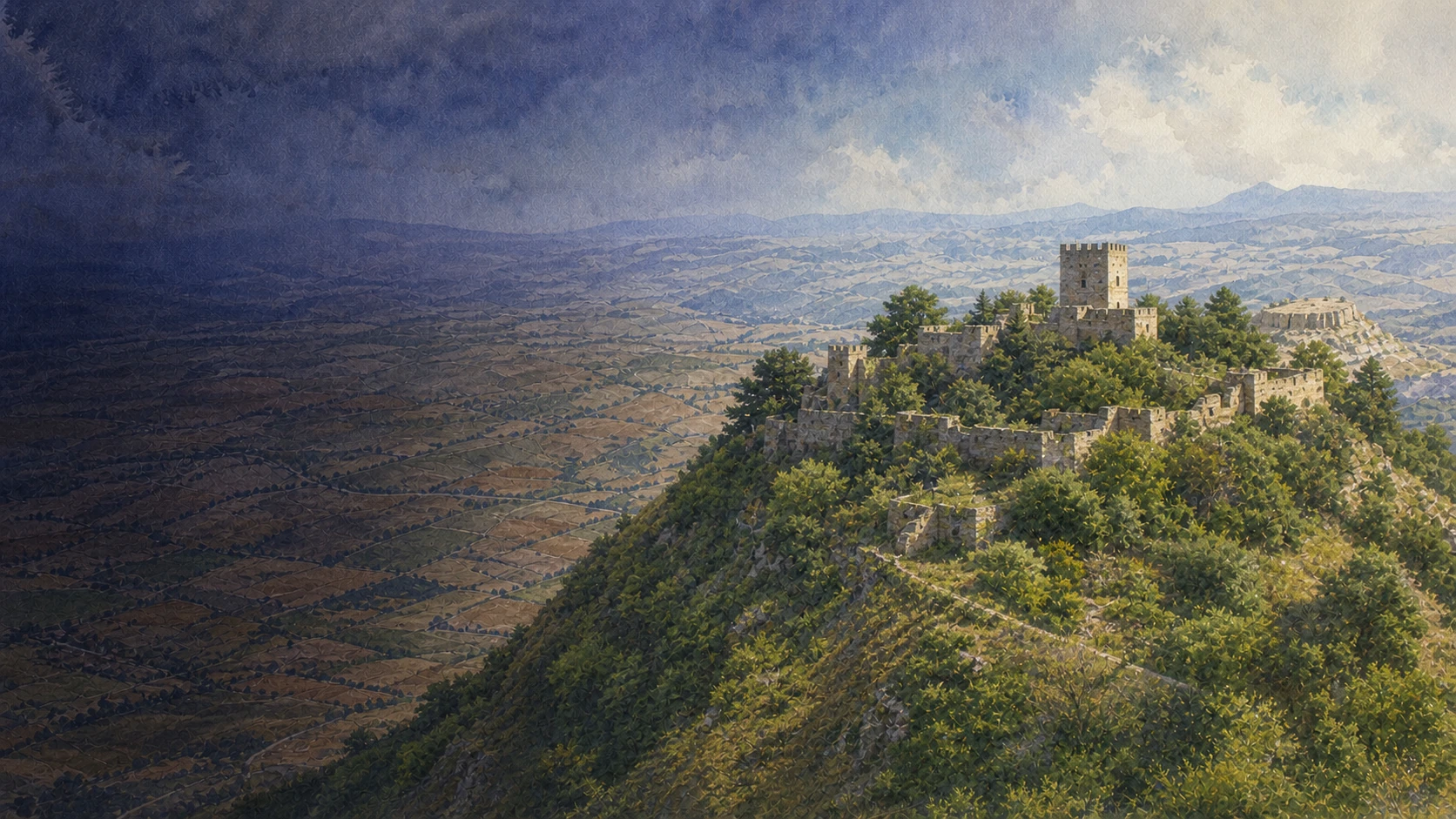 Documentary watercolour of Enna's Castello di Lombardia on the high ridge above the broad agricultural landscape of central Sicily