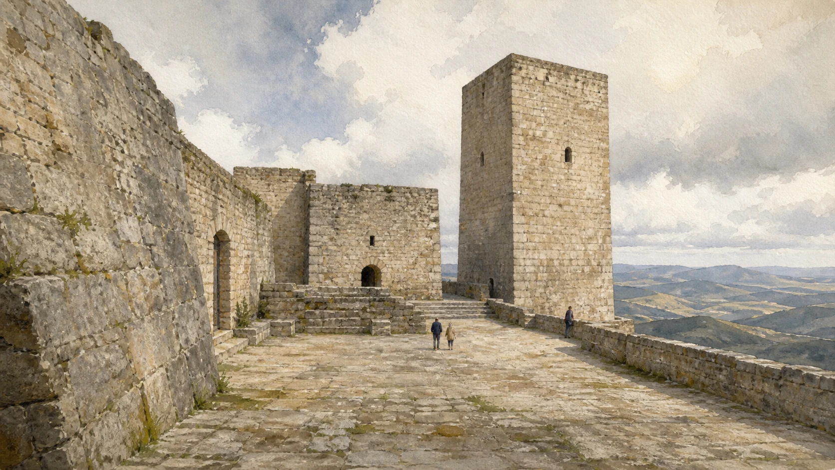 Documentary watercolour inside Castello di Lombardia in Enna with massive stone walls, an open court, the Pisana Tower and inland hills beyond