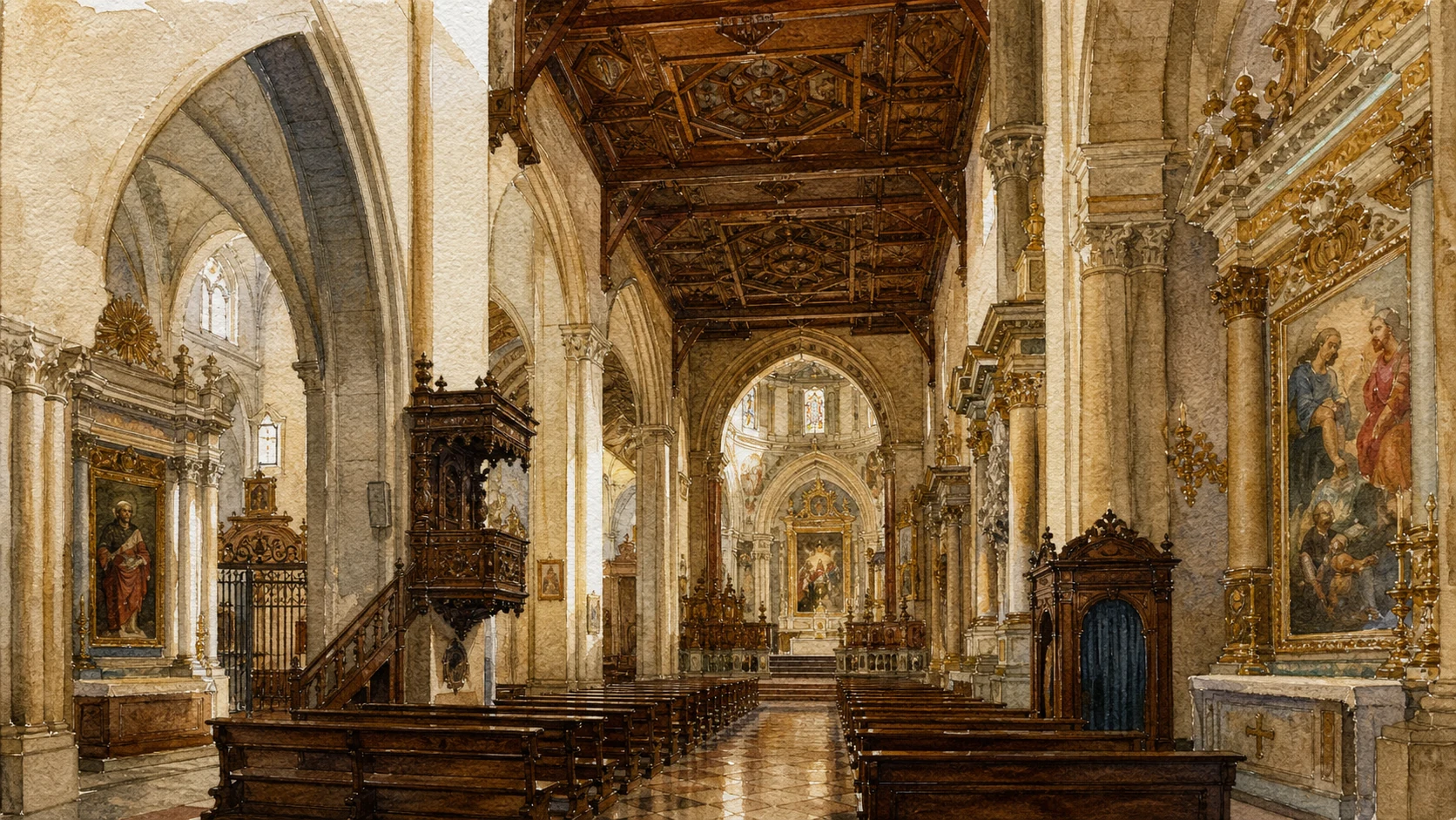 Documentary watercolour of Enna Cathedral's nave with Gothic arches, a carved wooden ceiling, side chapels and restrained gilded decoration
