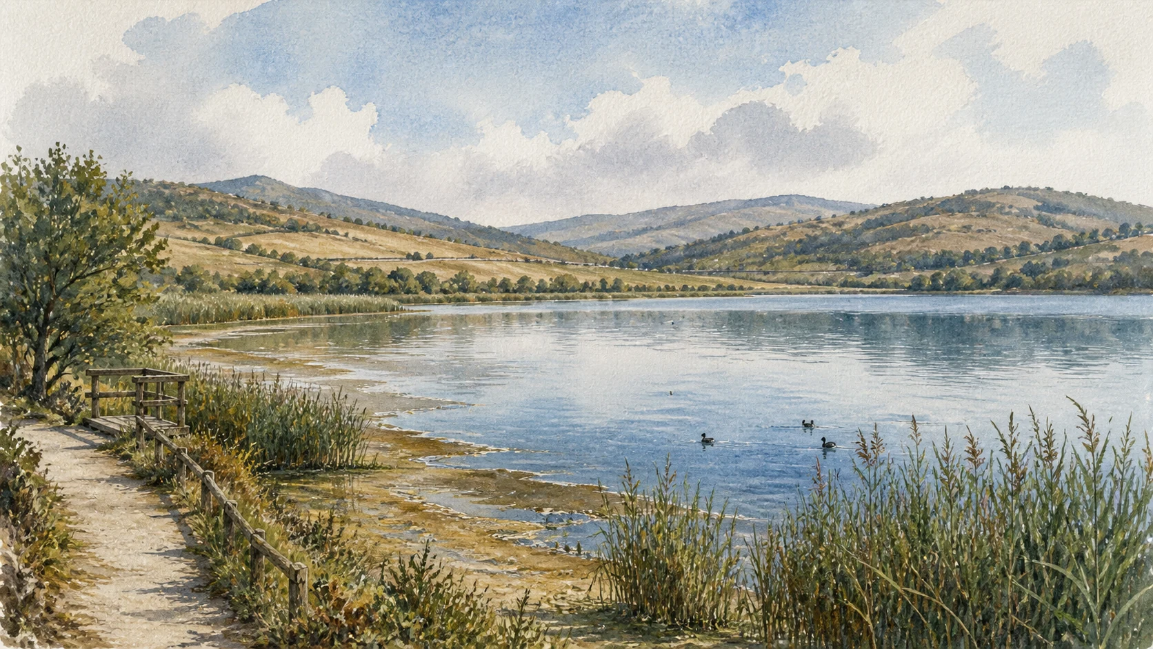 Documentary watercolour of Lake Pergusa with reed beds, seasonal shore, a modest path, small water birds and the surrounding Erei hills