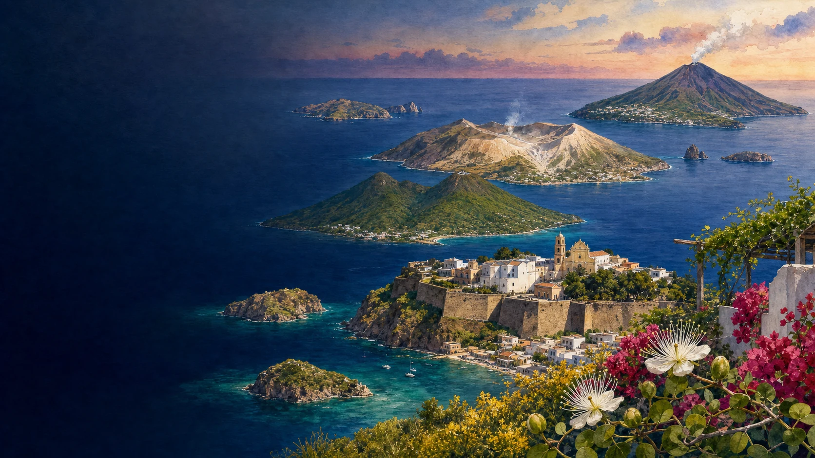 Documentary spring watercolour atlas of the seven Aeolian Islands with Lipari Castle, Salina's twin mountains, Vulcano and Stromboli