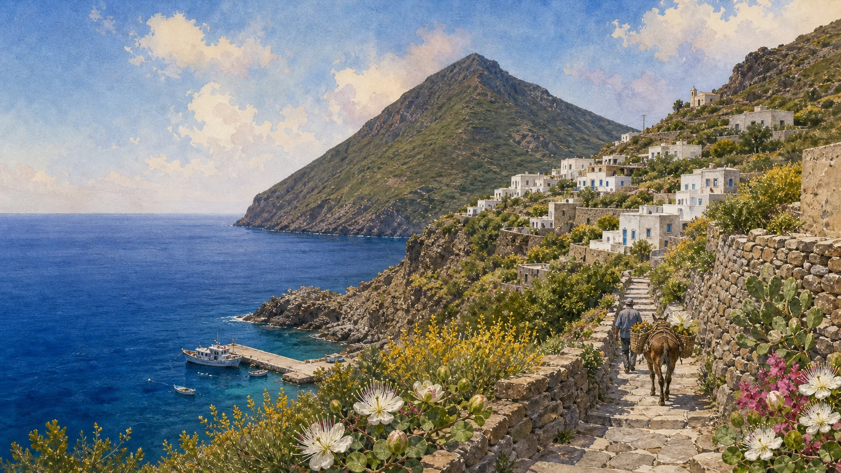 Documentary watercolour of Alicudi's steep cone, stone stairways, scattered white houses, small church and a mule carrying supplies
