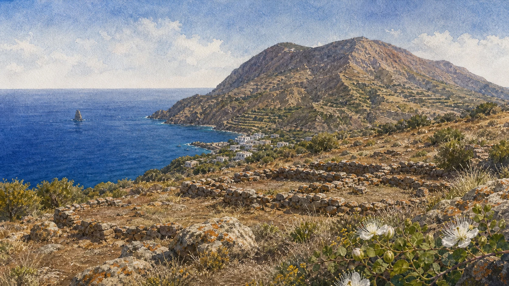 Documentary watercolour of the prehistoric hut foundations at Capo Graziano on Filicudi, with port, terraced cone and La Canna
